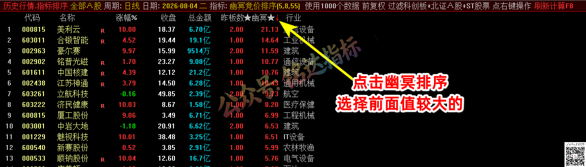 源码分享【幽冥竞价】副图排序/选股指标，竞价排序后全天不变，可回测，仅限电脑使用