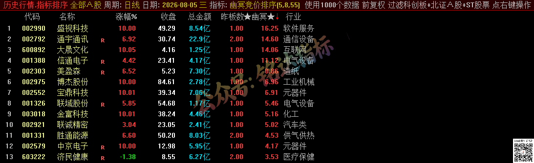 源码分享【幽冥竞价】副图排序/选股指标，竞价排序后全天不变，可回测，仅限电脑使用
