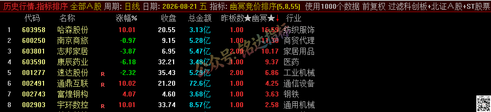 源码分享【幽冥竞价】副图排序/选股指标，竞价排序后全天不变，可回测，仅限电脑使用