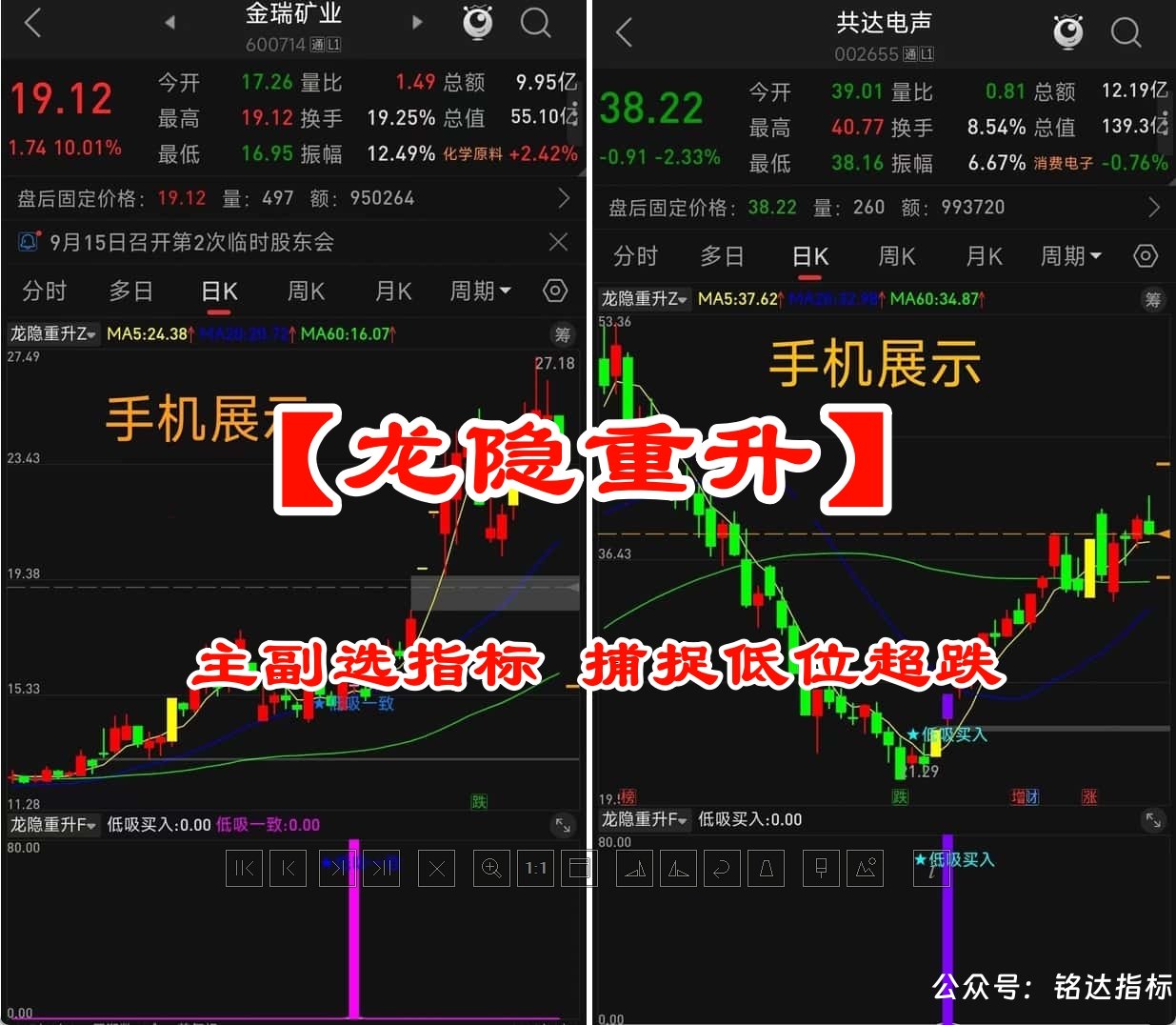 【龙隐重升】主副选指标 捕捉低位超跌 、 涨停后回调低吸再启动的信号 无未来通达信手机电脑通用