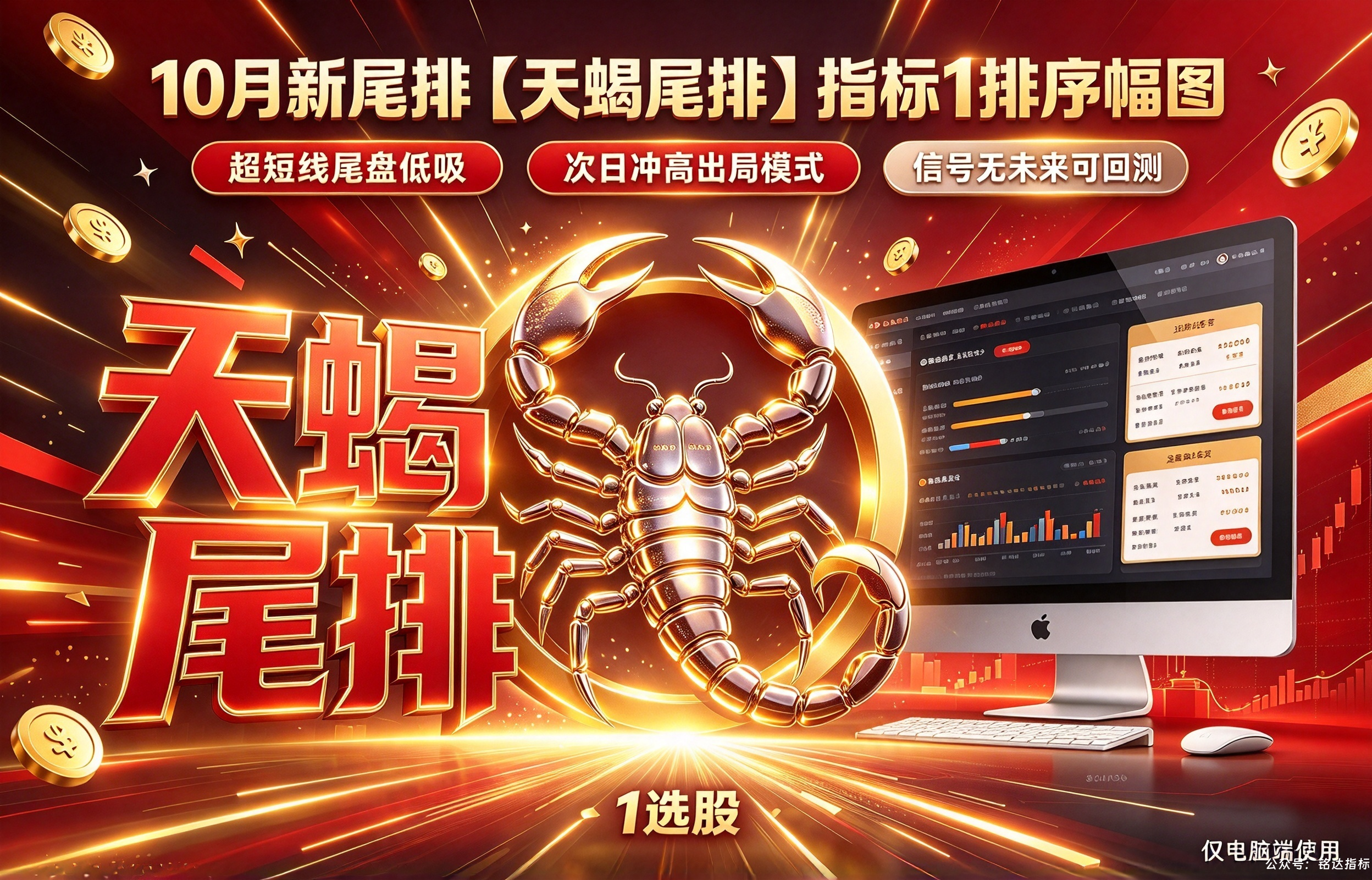 10月新尾排【天蝎尾排】指标1排序幅图1选股、超短线尾盘低吸、次日冲高出局模式、信号无未来可回测