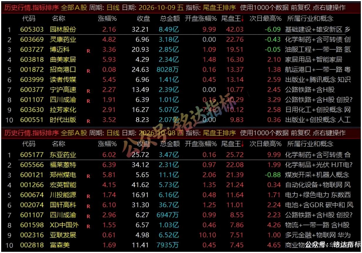『尾盘王排序』指标公式｜超短线T+1尾盘战法，尾盘排序捕捉次日冲高套利，全天不变