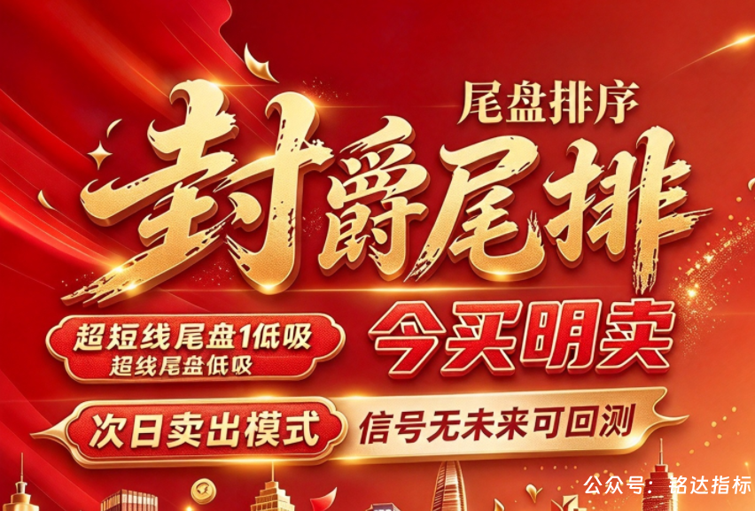 【封爵尾排】尾盘排序 今买明卖 超短线尾盘低吸、次日卖出模式、信号无未来可回测